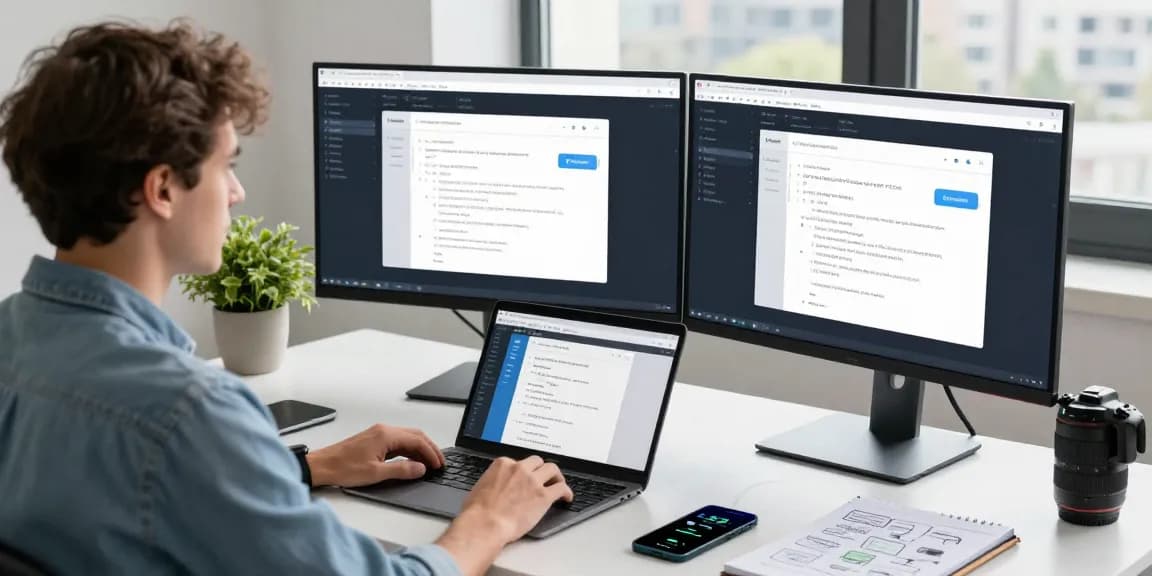Developer engaged with Telegram Web Version in a modern workspace, showcasing productivity and software innovation.