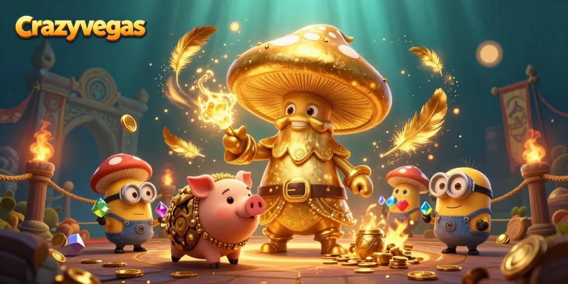 Spin to win with crazyvegas in a vibrant 3D casino scene filled with gold and excitement.