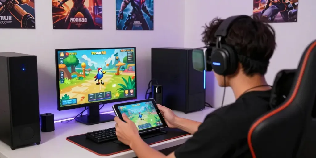 Engaged gamer experiencing the rokok88 virtual bird-catching game in a vibrant gaming setup.