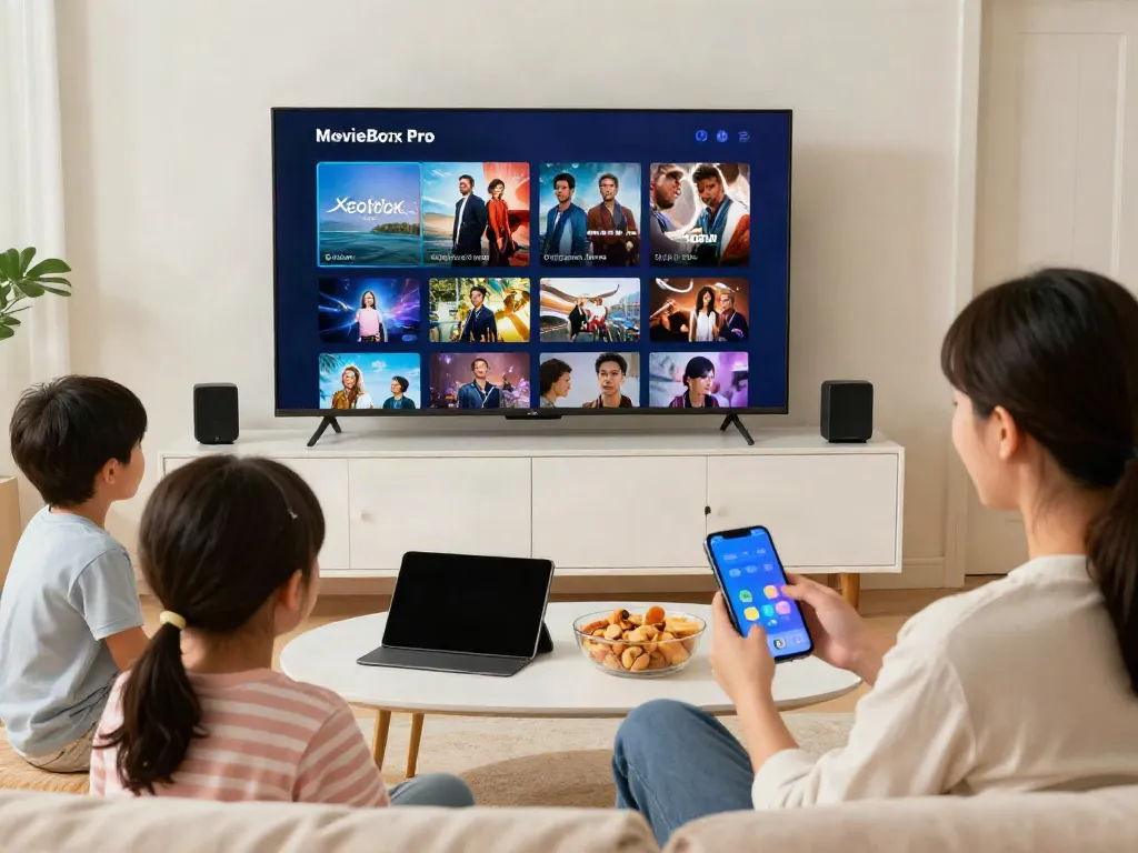 Family enjoying the MovieBox Pro app on a smart TV, showcasing an engaging home entertainment atmosphere.