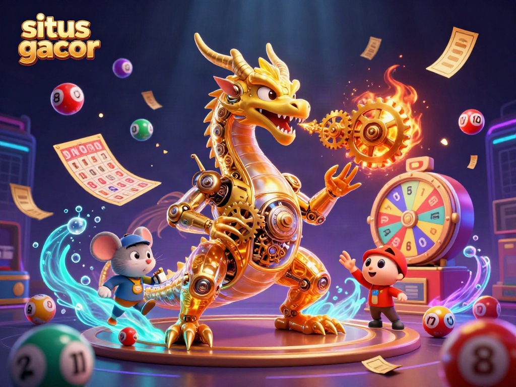 Engage with situs gacor featuring a golden dragon, colorful lottery elements, and vibrant casino effects.