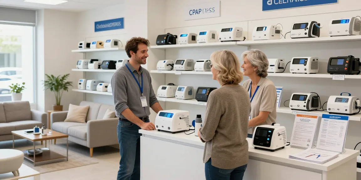 CPAP dealer near me helping a couple choose sleep apnea solutions in a welcoming showroom.