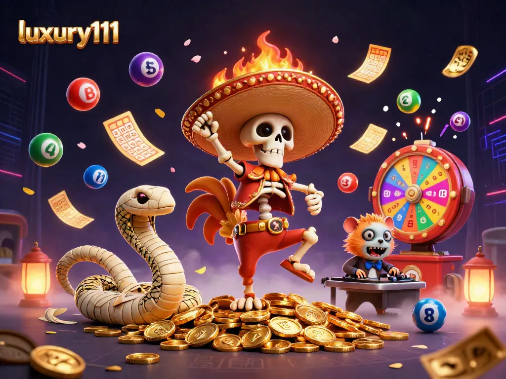 Engage in thrilling gameplay at luxury111 with a vibrant, animated casino-themed illustration.