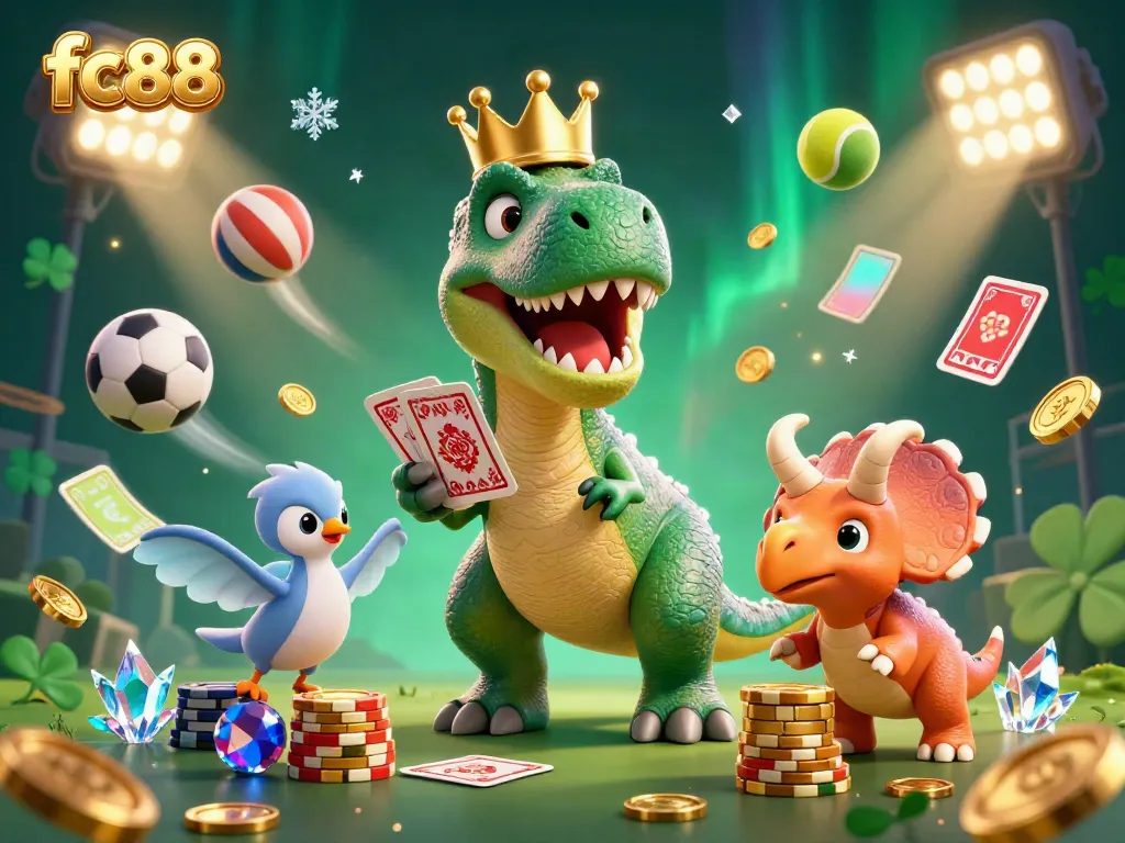 Engage in exciting gameplay with fc88 as a T-Rex and friends shuffle cards and stack chips