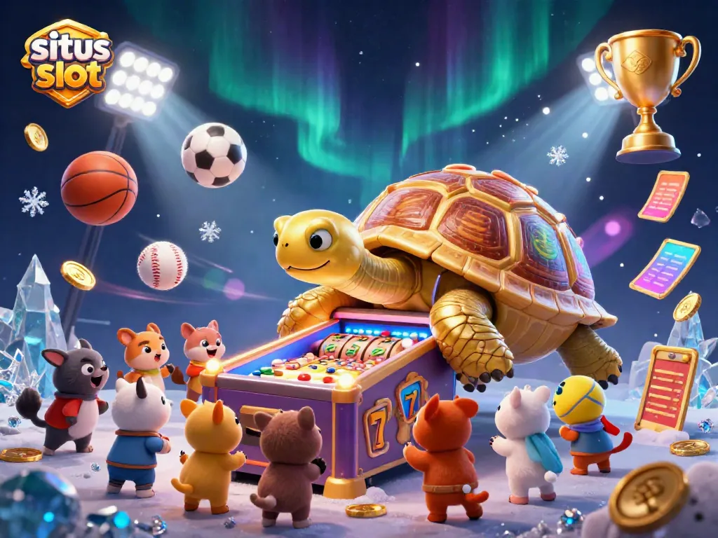 Experience excitement at situs slot with a dynamic scene of a golden tortoise pinball machine and eager players.
