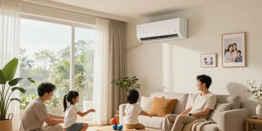 Family enjoying cool air from a split ac unit in a cozy living room setting, highlighting comfort and modern home life.